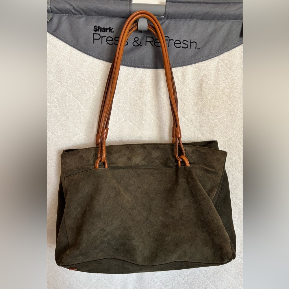 Ralph Lauren Olive Suede Embossed RLL Large Shoulder Bag